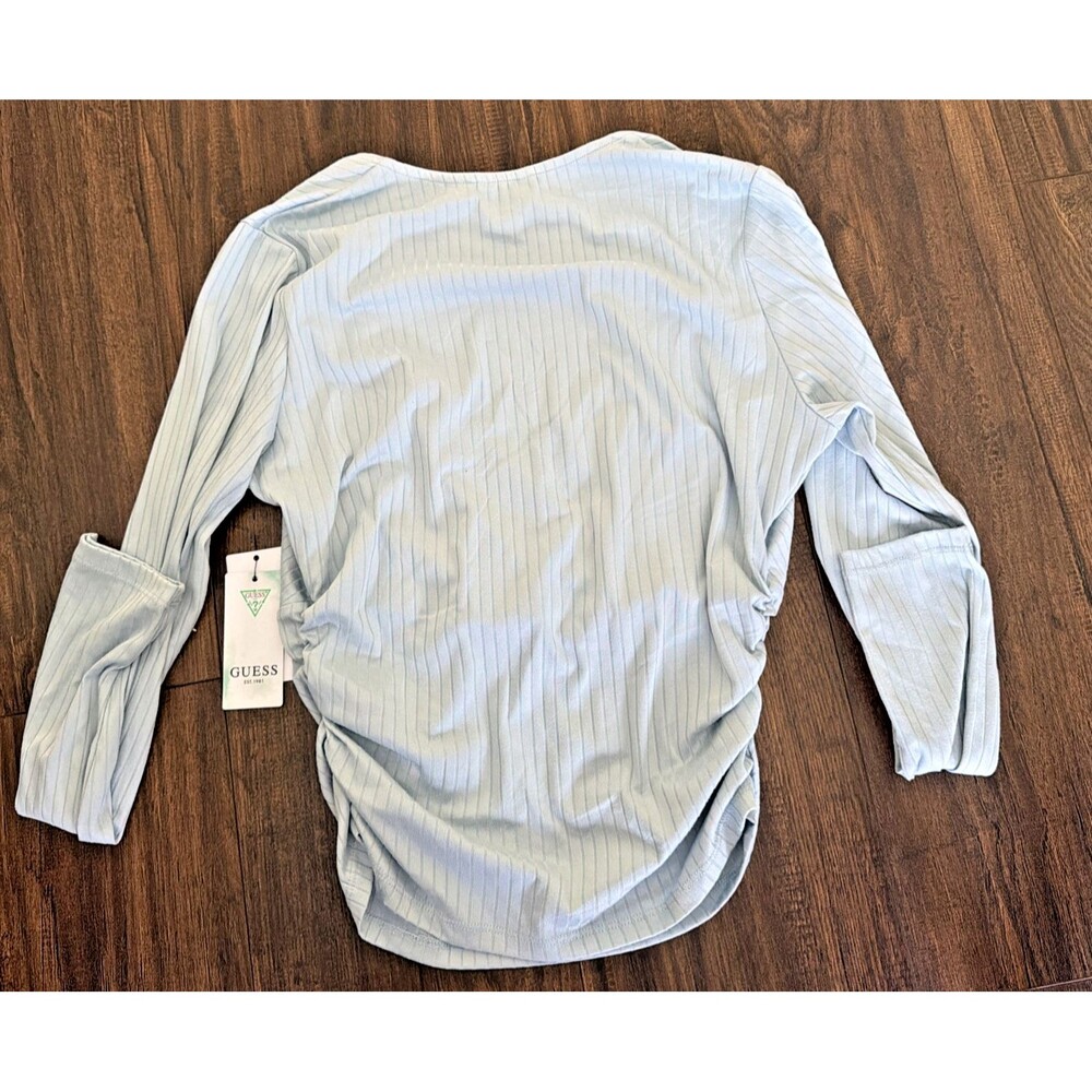 GUESS Women's Long Sleeves sweetheart-neck surplice Ribbed Top Baby Blue XL - Picture 9 of 9